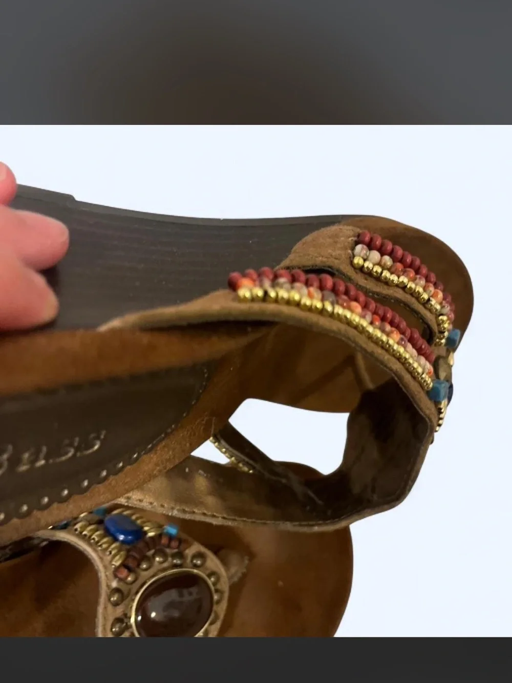 Bass Brown Beaded Suede Wedge Sandals